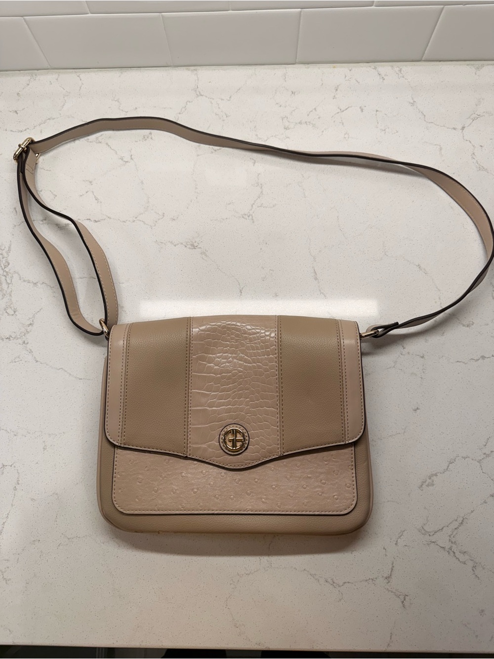 Giani Bernini Beige & Taupe Textured Crossbody Bag with Turn-Lock
